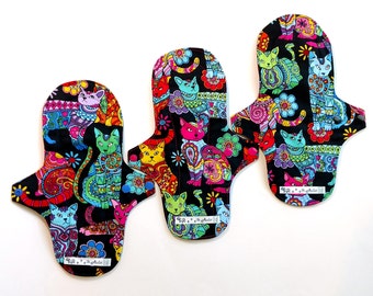 10" Long Leak Resistant Reusable Menstrual Pad in Pussy Cat Print, Light Moderate Washable Cloth Pad, Mild Incontinence Pad, Female Prepper