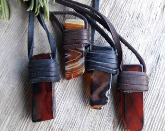 leather wrapped necklace, brown agate, agate necklace, stone necklace, healing jewelry, boho necklace, hippie necklace, Trippy serendipity