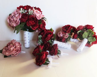Wedding Bouquet Set 8 Pieces Set Pink Dark Red White Green Leaves Silk Roses Satin Ribbon Lace Bouquet Rose Wedding Elegant Wedding Set