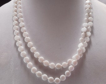 Vintage White Milk Glass Beaded Necklace, White Disk Bead Flapper Necklace 48 Inch