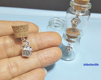 Lot Of 3pcs Silver Tone Cupcake Metal Charm In A Mini Glass Bottle With Cork. #CIB389SW.