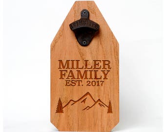Welcome Wood Sign - Personalized Beer Bottle Opener Wood Sign - Mountains & Evergreen Tree Name Sign