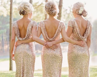 Champagne Sequin Bridesmaid Dress, Long Floor Length Cocktail Dress, Womens Formal Elegant Dress, Prom Dress, Sexy Open Back Dress