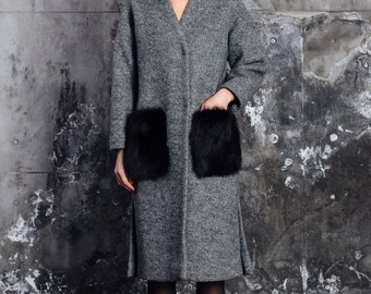 Women's wool coat with fox fur pockets, grey wool coat, fox fur coat, dark grey wool coat, maxi coat, oversize wool coat, women's outwear