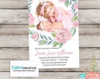 Birth Announcement Card for Newborn Baby Girl - Custom Birth Announcement Card - Baby Announcement Card - Personalised - Thank you Card