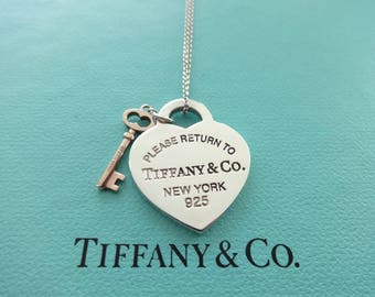 SALE!! Authentic Tiffany & Co. Please Return to Tiffany Sterling Silver Heart and Metal Key Pendant Necklace, 16" Tiffany chain