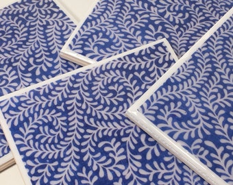 Navy and White Vine Tile Coaster Set