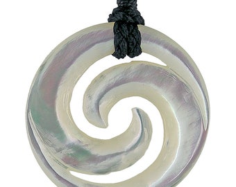 Hand Carved Nacre Mother of Pearl Double Spiral Koru Necklace (white)