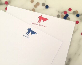 Superhero Cape Stationary - Boys Personalized Stationery Set of 20 Flat Note Cards Thank You Notes