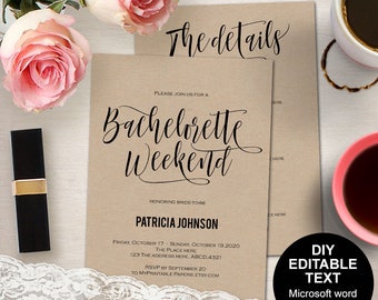 bachelorette weekend invites, bachelorette itinerary, bachelorette weekend party, Bachelorette party invitation, DIY, printable, Modern