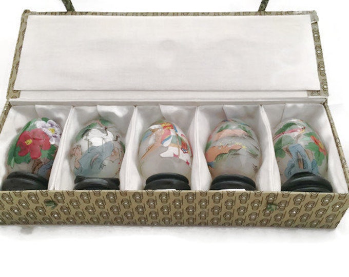 Vintage Reverse Painted Eggs - Set of 5 Chinese EGLOMISE Reverse Painted Eggs with Original Box,