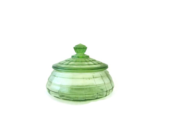 Green Depression Glass Lidded Candy Dish / Colonial Hazel Atlas Block Optic Candy Dish / Uranium Depression Glass / Many Windows Mom Teen