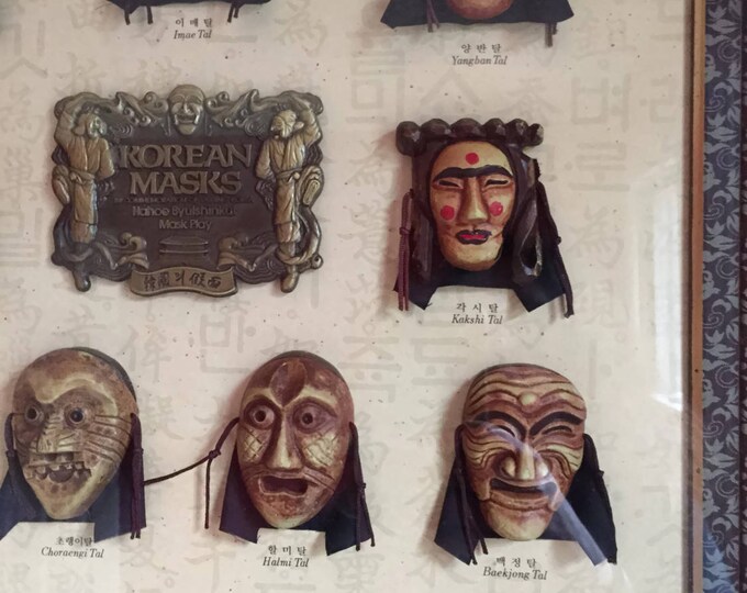 A Framed Set of Miniature Korean Theater Masks | Korean Masks in commemoration of visiting Korea | Hahoe Byulshinkut | Mask Play Mom Teen