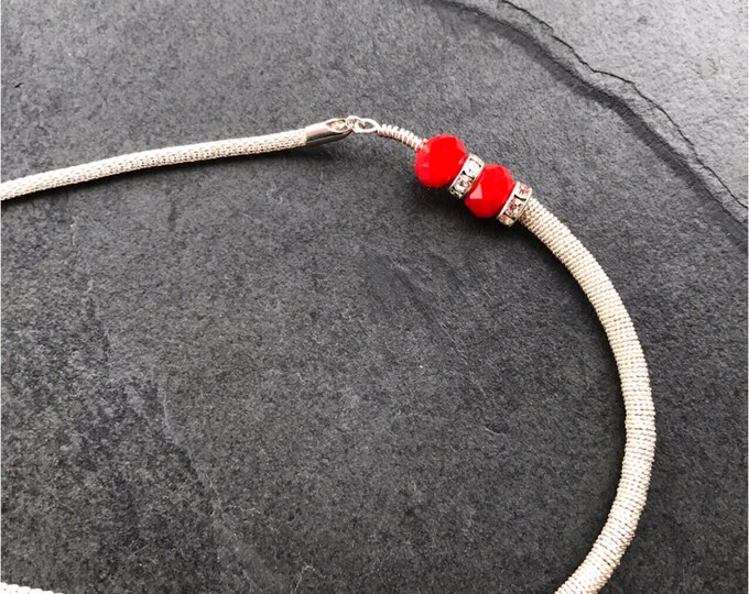 Red silver necklace, Silver coil necklace, coiled necklace, red necklace, silver boho necklace, silver red necklace,
