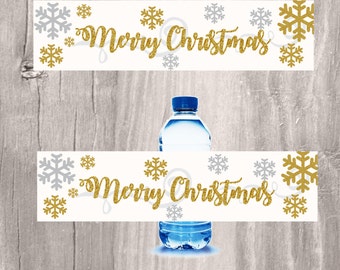 Christmas Water Bottle Labels, Gold Glitter Snowflake Bottle Labels, Elegant Christmas Labels for Drinks, Instant Download, Printable Labels