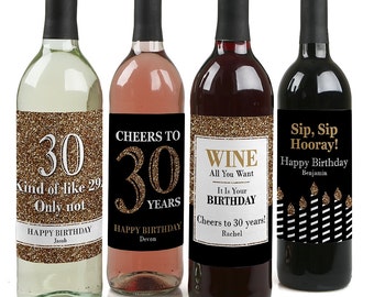 30th Birthday Wine Bottle Labels - Custom Adult Birthday Gold Wine Bottle Labels - Funny Personalized Wine Birthday Gift - Set of 4 Labels
