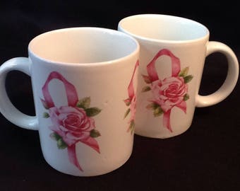 Vintage 2 Avon Mugs <> Breast Cancer Awareness Mugs <> Pink Ribbon Design <> Collectible Mugs <> 1970's <> MINT CONDITION