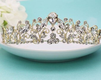 Gold Wedding Tiara, Gold Bridal tiara headpiece, wedding headpiece, rhinestone tiara, crystal tiara, gold accessories, Gold Tiara 210537052