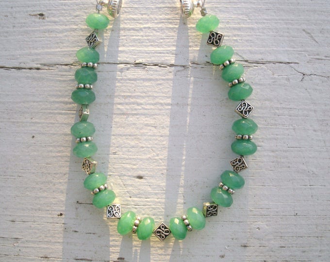 Jade Gemstone Beaded Bracelet - ON SALE! green with silver decorative beading, magnetic closure, great gift, handmade bracelet, beaded