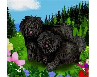 Black PULI DOGS Mountain Meadow Garss Art Ceramic Tile Coaster