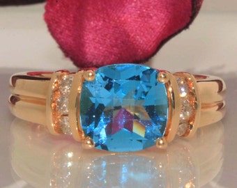 14k Yellow gold Natural Cushion Blue Zircon & Diamond solitaire ring band 1.90ct