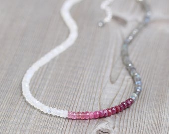 Ruby, Labradorite & Rainbow Moonstone Necklace. Beaded Choker in Sterling Silver or Gold Filled. Dainty Ombre Gemstone Layering Necklace