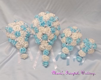 Artificial Wedding Flowers Brides, Bridesmaid, Flower Girl Teardrop Bouquet in Light Blue Foam Roses with diamante