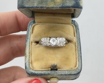 Streamline Art Deco platinum engagement ring, Old European cut diamond, beautiful design!