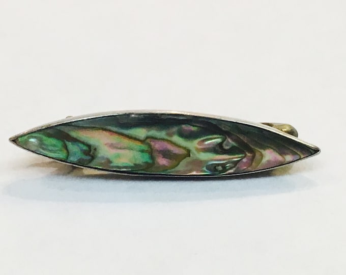 Storewide 25% Off SALE Vintage Sterling Silver Abalone Inlaid Designer Elongated Brooch Pin Featuring Elegant Finishing