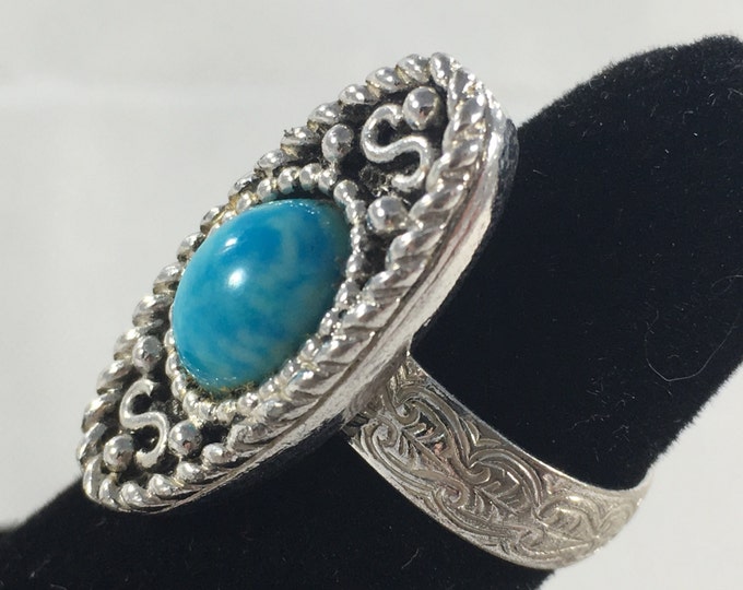 Storewide 25% Off SALE Vintage Silver Tone Turquoise Cabochon Sarah Coventry Designer Adjustable Ring Featuring Southwestern Inspired Design