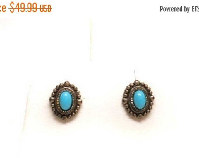 Storewide 25% Off SALE Vintage Southwestern Petite Rosette Faux Turquoise Designer Earrings Featuring Metal Beaded Trim Design