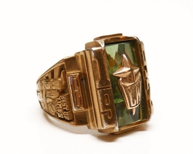 Storewide 25% Off SALE Men's Vintage Jostens Gold Tone Graduate Class Ring Formerly Of "Earnie Strathers" Featuring Emerald Green Face With