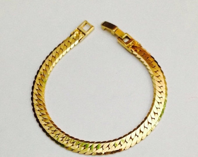 Storewide 25% Off SALE Vintage Gold Tone Herringbone Woven Designer Bracelet Featuring Hidden Clasp Design Closure