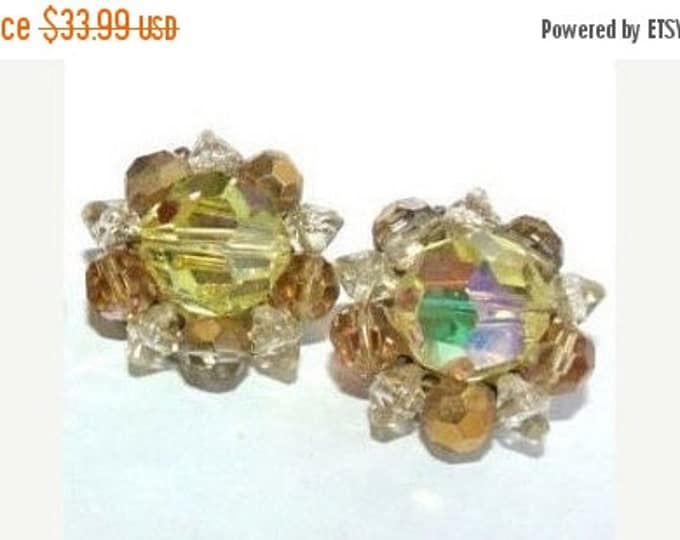 Storewide 25% Off SALE Vintage Elegant Yellow Coral Cluster Crystal Designer Style Clip Earrings Featuring Timeless Teardrop Features