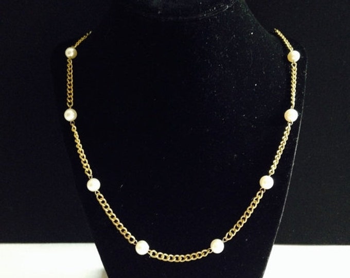 Storewide 25% Off SALE Vintage Gold Tone Chain Link Faux Pearl Beaded Designer Necklace Featuring Mid Century Style Design