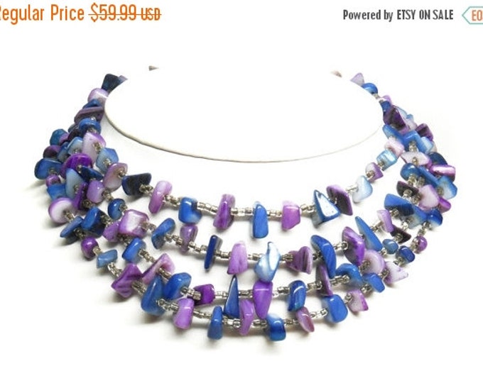 Storewide 25% Off SALE Vintage Triple Strand Lavender Purple & Coral Blue Mixed Shell Ladies Necklace Featuring Beautiful Mid Century Design