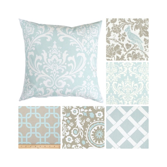Light Blue Pillow Cover.Taupe Throw Pillows.Damask