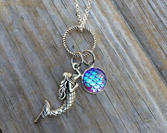Mermaid and Scale Necklace, Charm Necklace, Mermaid Necklace, Gifts for her, Nautical necklace, Beach necklace