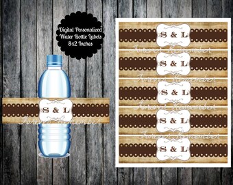 Digital Personalized Vintage Brown Wedding Water Bottle Labels 8 x 2 Inches