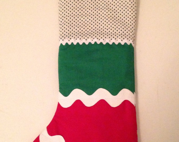 HALF PRICE ** Scottie Dog Traditional Vintage-style Quilted Patchwork Christmas Stocking. Green and Red accented with Cross Stitch Scottie