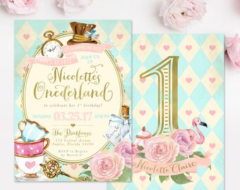 Alice In Wonderland (onederland) Girl's 1st Birthday Party Invitation - First Birthday, Any Age Girl Birthday Invite - Printed Or Digital