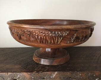 Handcarved Wood Pedestal Bowl Wood Bowl Pedestal Bowl Vintage Wood Bowl