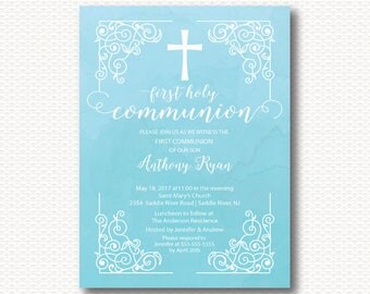 Vintage Communion Invitation, First Communion, Invitation, Blue, Watercolor, Cross, Boys 1st Communion, Communion, Digital, Printable,