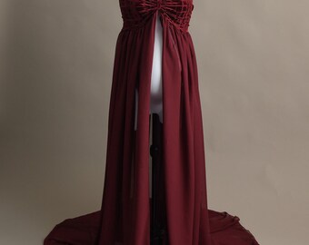 Maternity Dress Photo Shoot, Burgundy Chiffon Gown, Separate Sleeves, Maternity photo prop, Split or closed front, 4 in 1 gown Ready to ship
