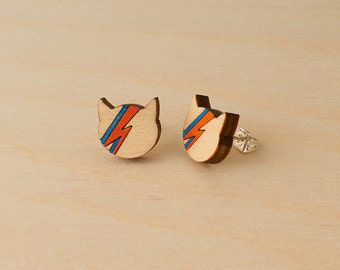 David Bowie studs - Ziggy Stardust cat - Aladdin Sane cat earrings - Bowie fan gift - Minimal studs - cat lover earrings - Hand painted wood
