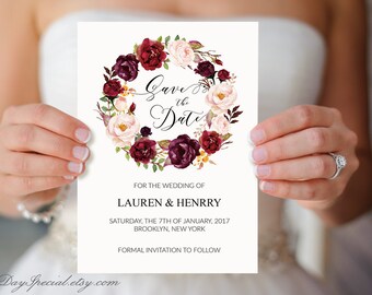 Burgundy Rose Wreath Wedding Save the Date Template, Printable Wedding Save the Date Card, Floral Rustic Boho, fits Vistprint, DIY PDF #101