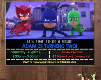 PJ Masks Birthday Party Invitation - Digital File - Printable - Superhero PJ Masks Invite - Amaya/Owlette - Connor/Catboy - Greg/Gekko