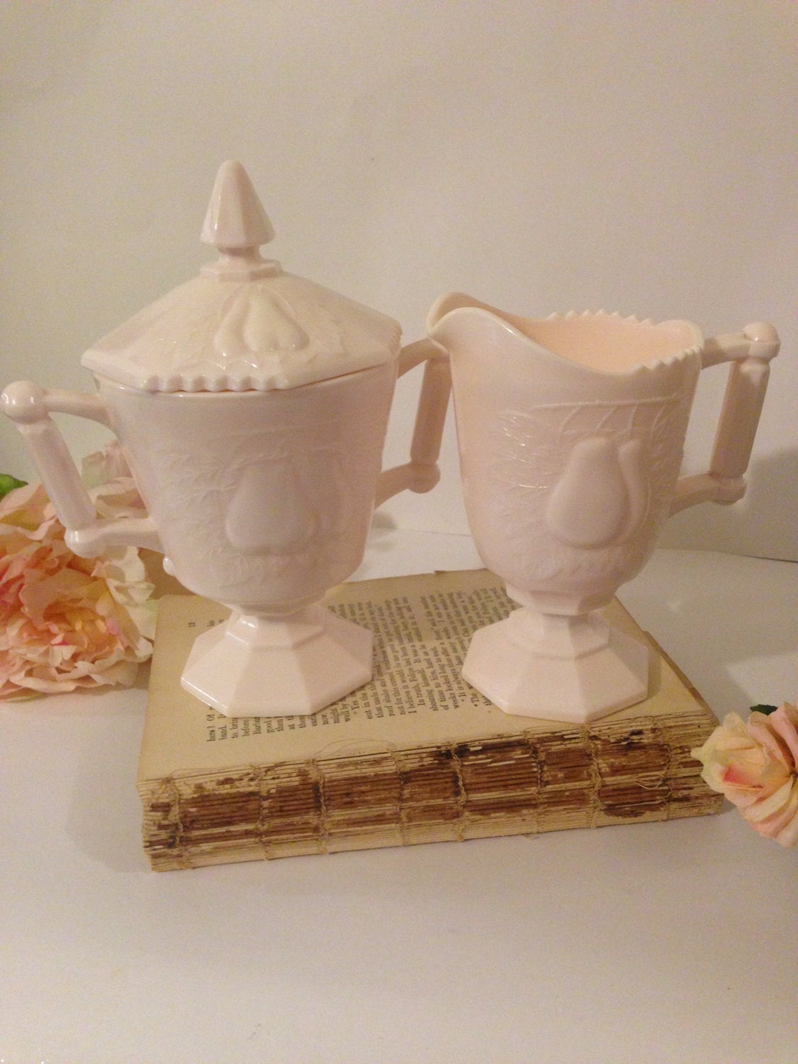 Pink Milk Glass Cream and Sugar Set Baltimore Pear Pattern