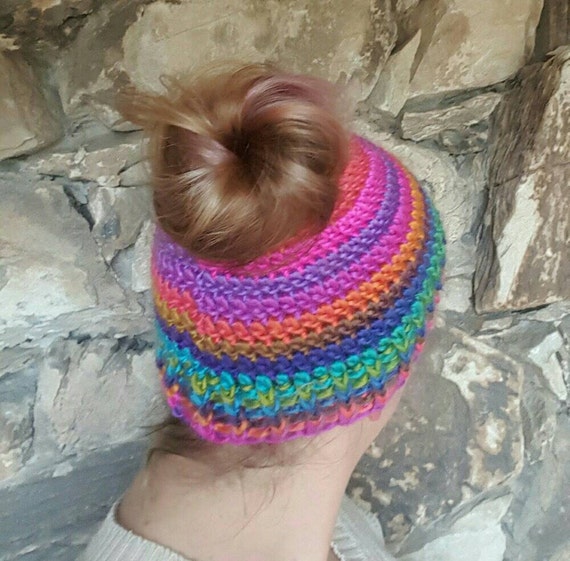 Womens Bun Winter Hat, Bright Crochet Ponytail Beanie, Messy Bun ...
