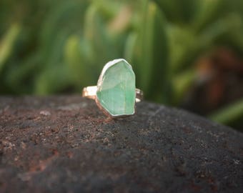 Raw Green Aquamarine Ring with Beaten Sterling Silver Setting - Size 6.5